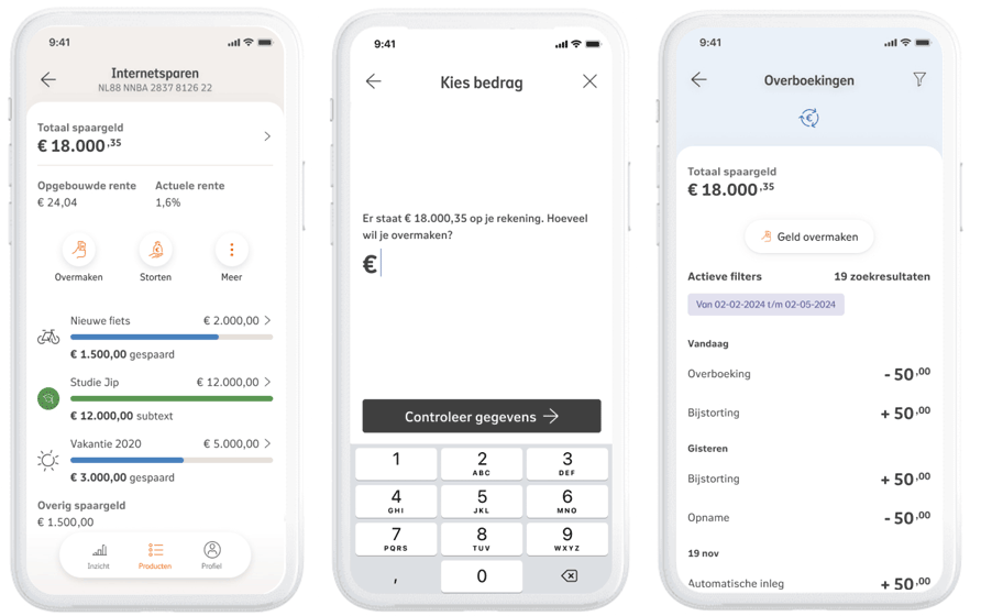  plaatje met daarop 3 afbeeldingen van schermen van de NN app. Op scherm 1 zie je spaardoelen, op scherm 2 wordt uitgelegd hoe overmaken eruit ziet en op scherm 3 het totaal van je overboekingen van je rekeningen