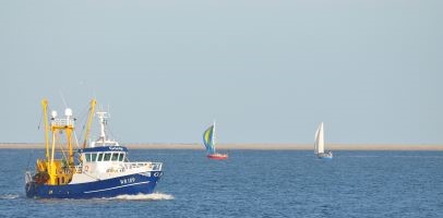 Een zee met 3 boten. Links is er een grotere blauwe boot met een witte opbouw, In het midden is er een kleinere boot met een kleurrijk zeil. En rechts is er nog een boot met een wit zeil. 