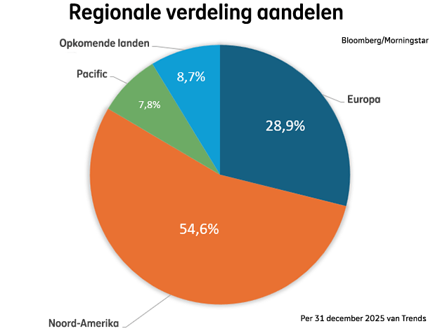 Regionale verdeling van aandelen bij Beheerd Beleggen Trends in kwartaal 4 2025: Noord-Amerika was 54,6%, Europa was 28,9%, Opkomende landen was 8,7%, Pacific was 7,8%.