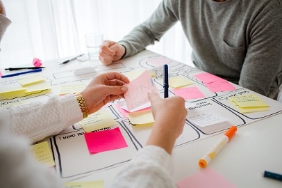 Twee personen plakken post-its